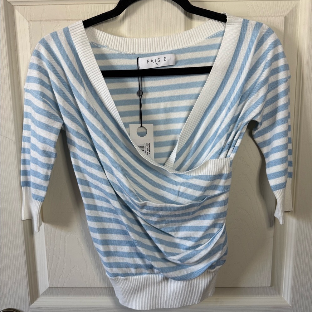 Paisie Lille Light Blue & White Striped Knit Wrap Top 3/4 Sleeve - Small - NWT